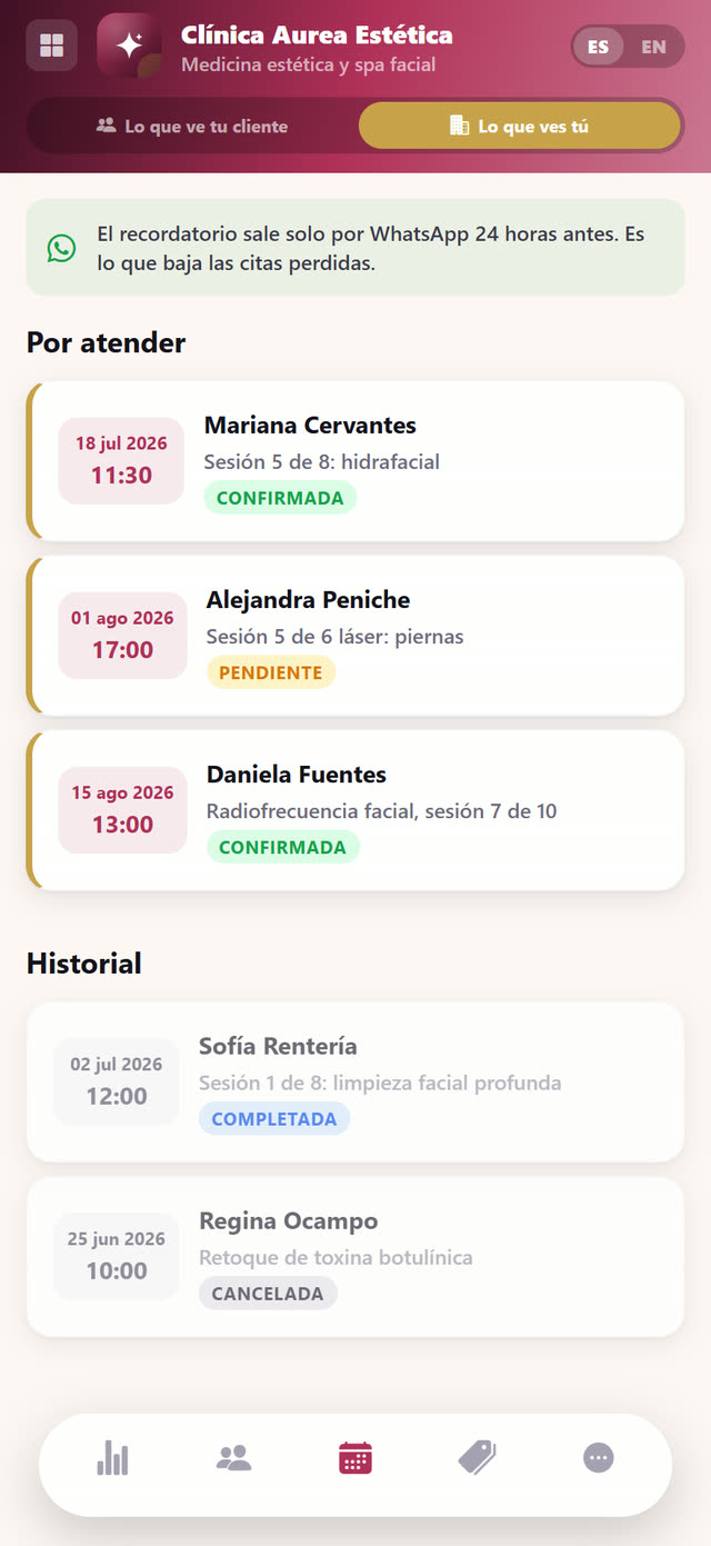 Sesiones por atender, con recordatorio automático por WhatsApp.