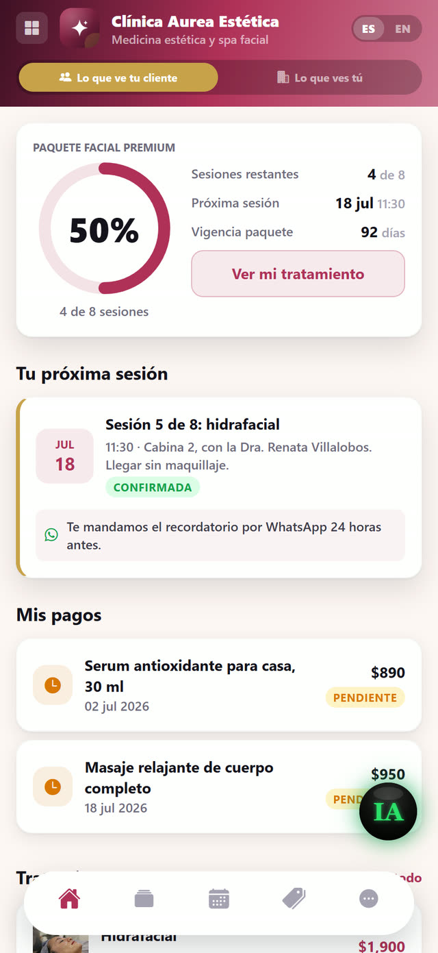 El cliente ve su paquete, su próxima sesión y sus pagos.