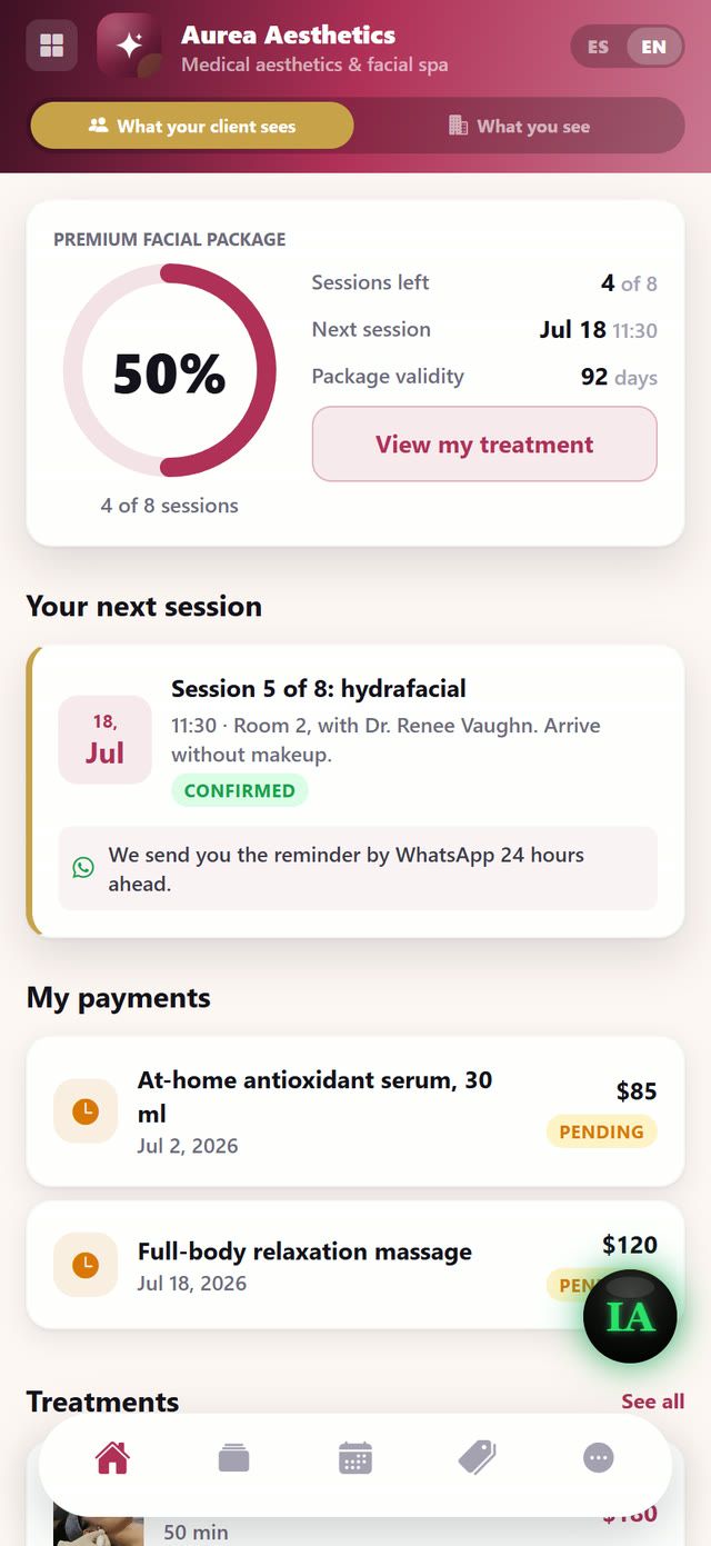 The client sees their package, their next session and their payments.