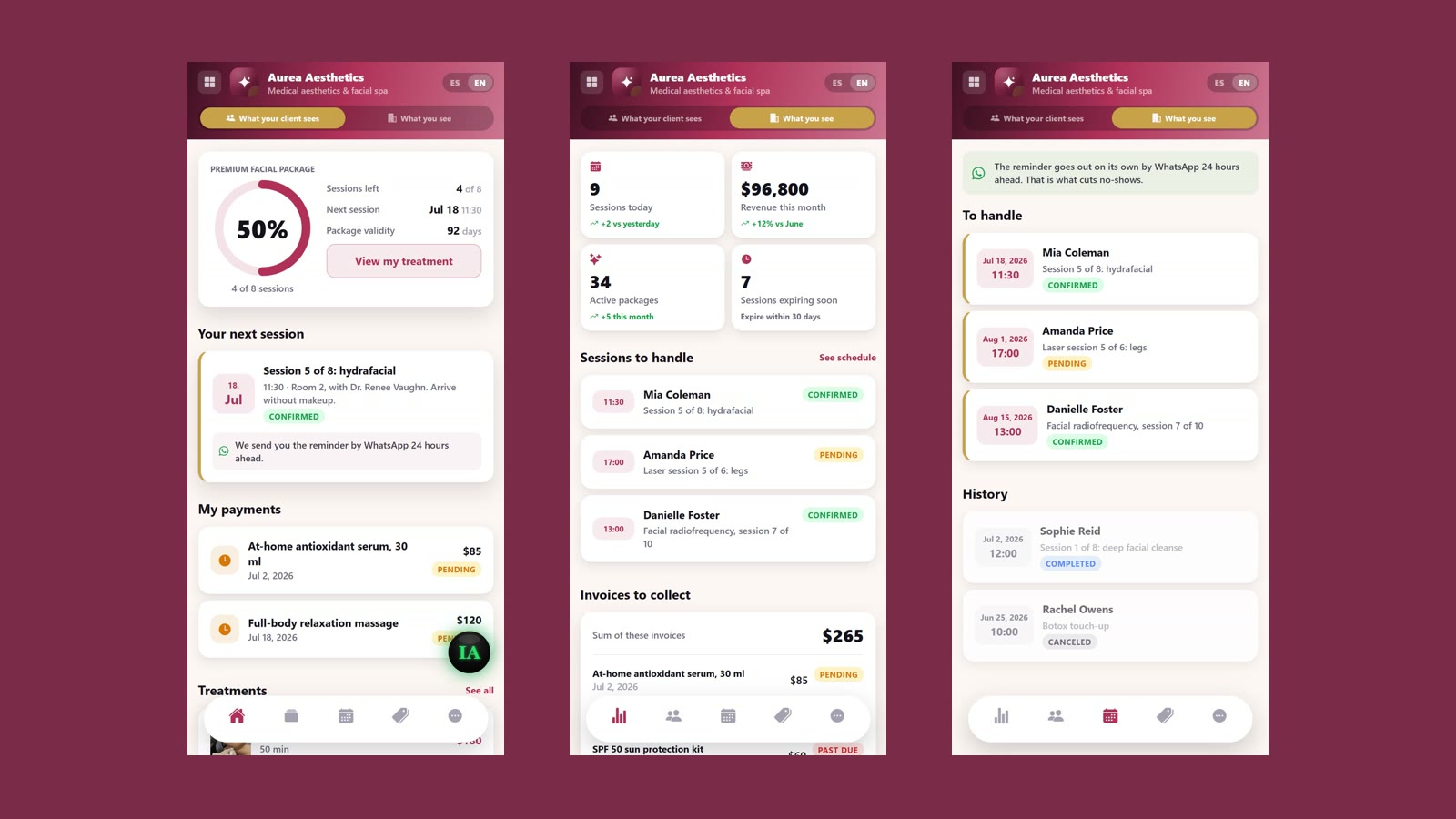 Your whole med spa in one app: control for your clients, your team and your calendar