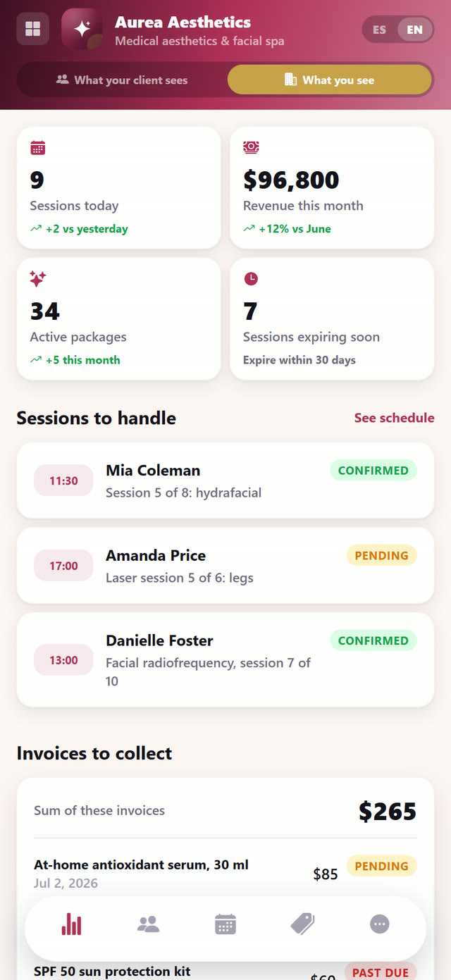 Today’s sessions, monthly revenue, active and expiring packages.