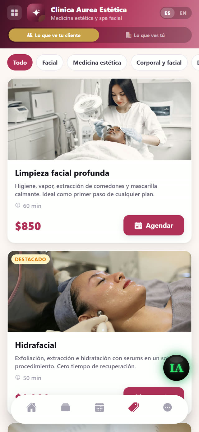 Cada servicio con su foto y sus datos, dentro de la app.