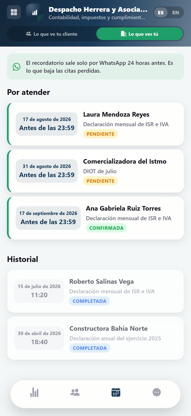 Todo lo que vence, por cliente, con recordatorio automático por WhatsApp.