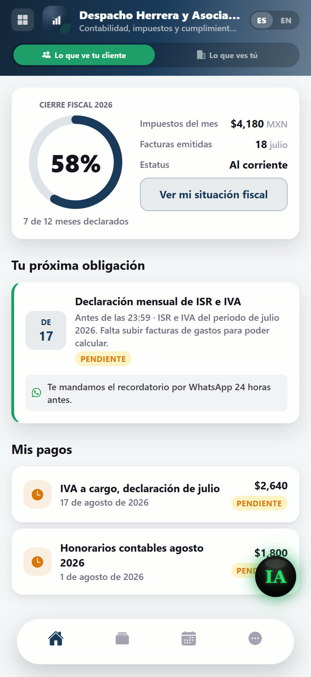 El cliente ve su situación fiscal, su próxima obligación y sus pagos.