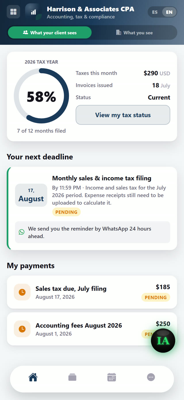 The client sees where they stand, their next deadline and their payments.