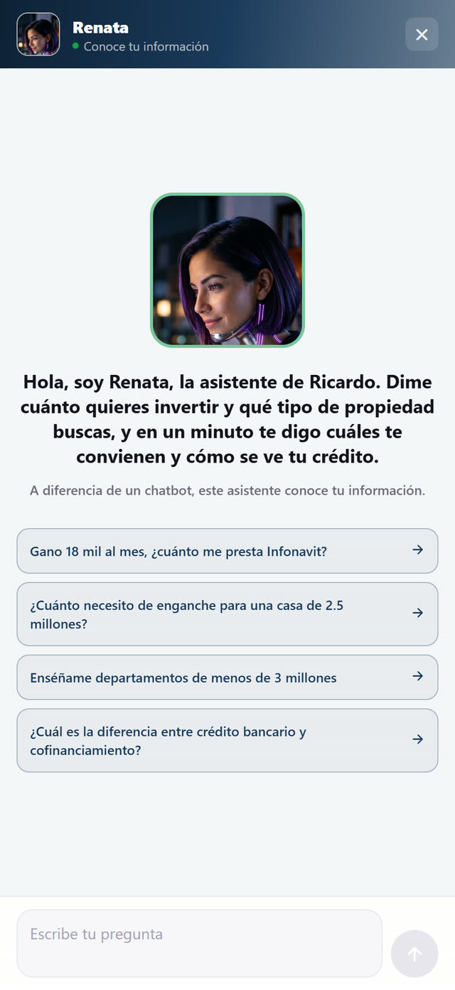 Renata, tu asistente de ventas con IA: precalifica y asesora a tu cliente.