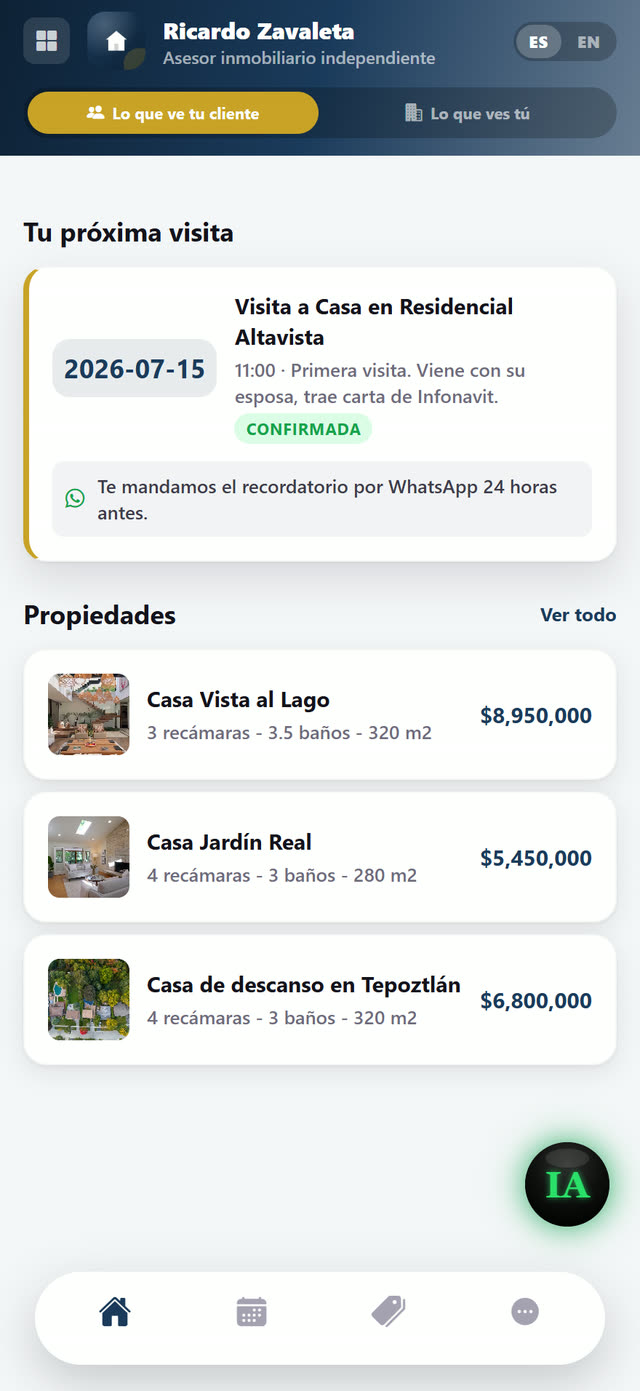 Tu catálogo con su próxima visita y su recordatorio por WhatsApp.
