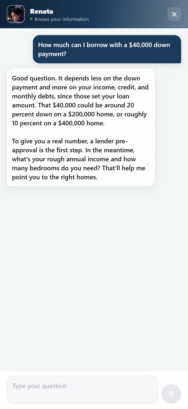 Personalized answers: financing, down payment and which listing fits.