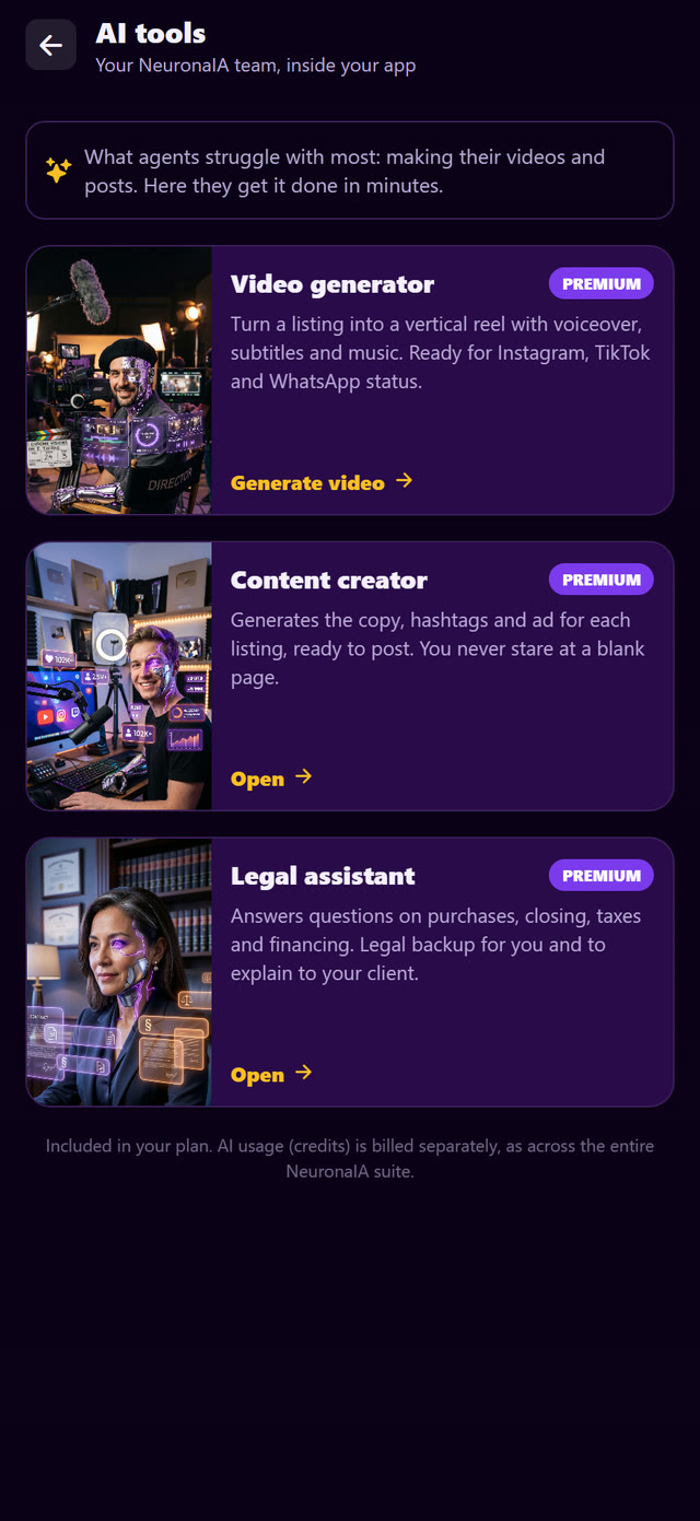Video generator, content writer and legal assistant, inside the app.