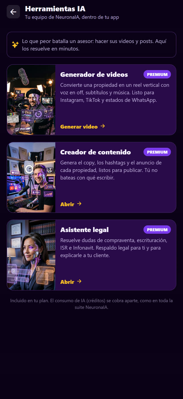 Generador de videos, creador de contenido y asistente legal, dentro de la app.