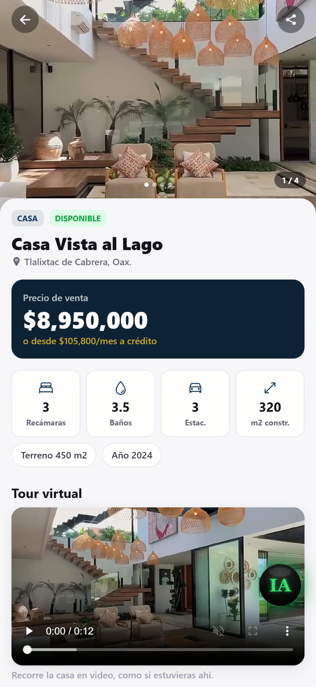 Ficha completa con tour virtual y mensualidad estimada a crédito.