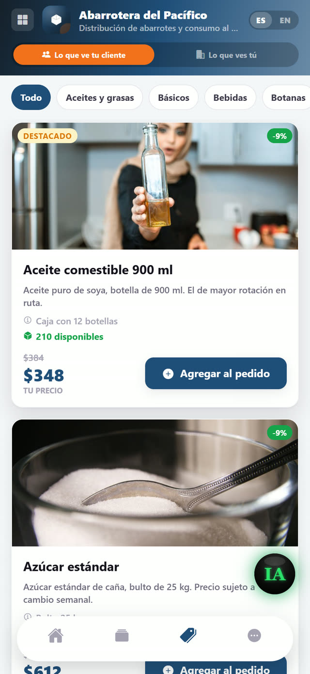 Catálogo con precio preferente, presentación y existencias en vivo.