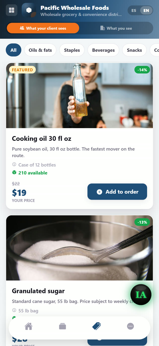 Catalog with negotiated pricing, pack size and live stock.