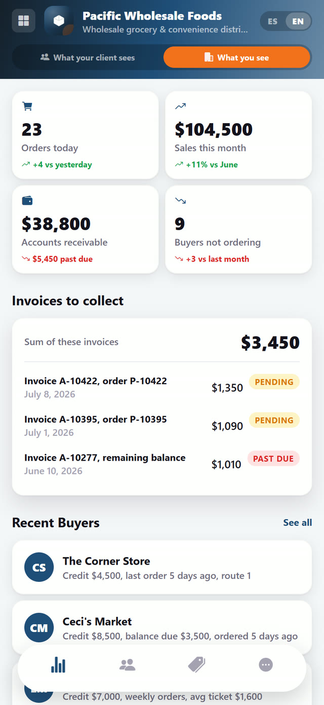 Daily orders, monthly sales, receivables and dormant customers.