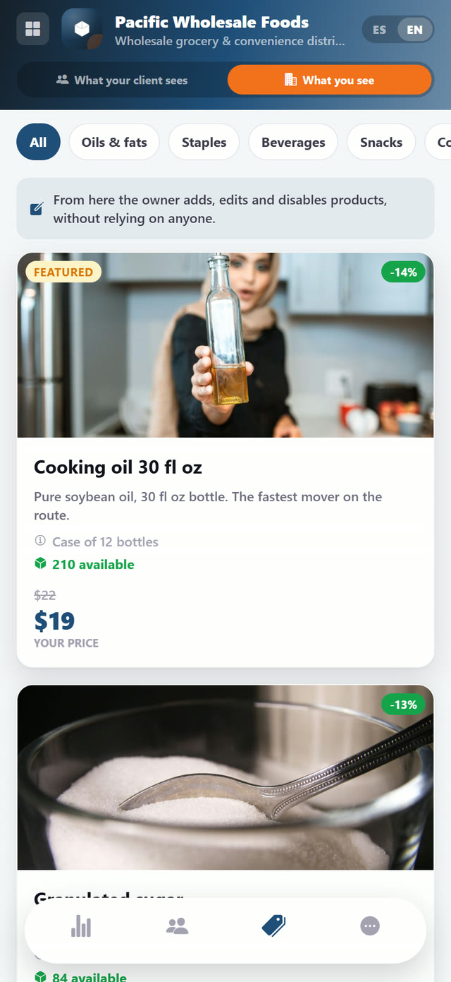 You add and edit your own products and pack sizes.