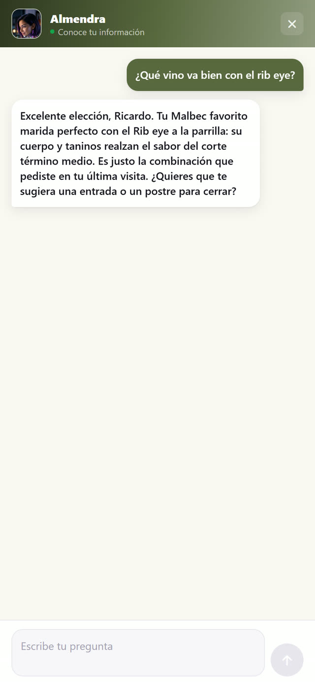 Responde personalizado: maridaje, alérgenos y los datos de ese comensal.