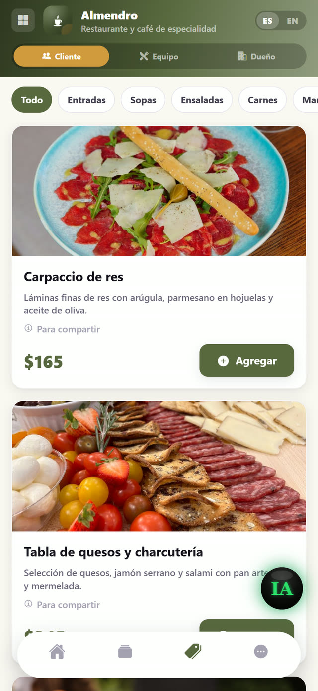 La carta con foto, reservación, pedido y tarjeta de lealtad.