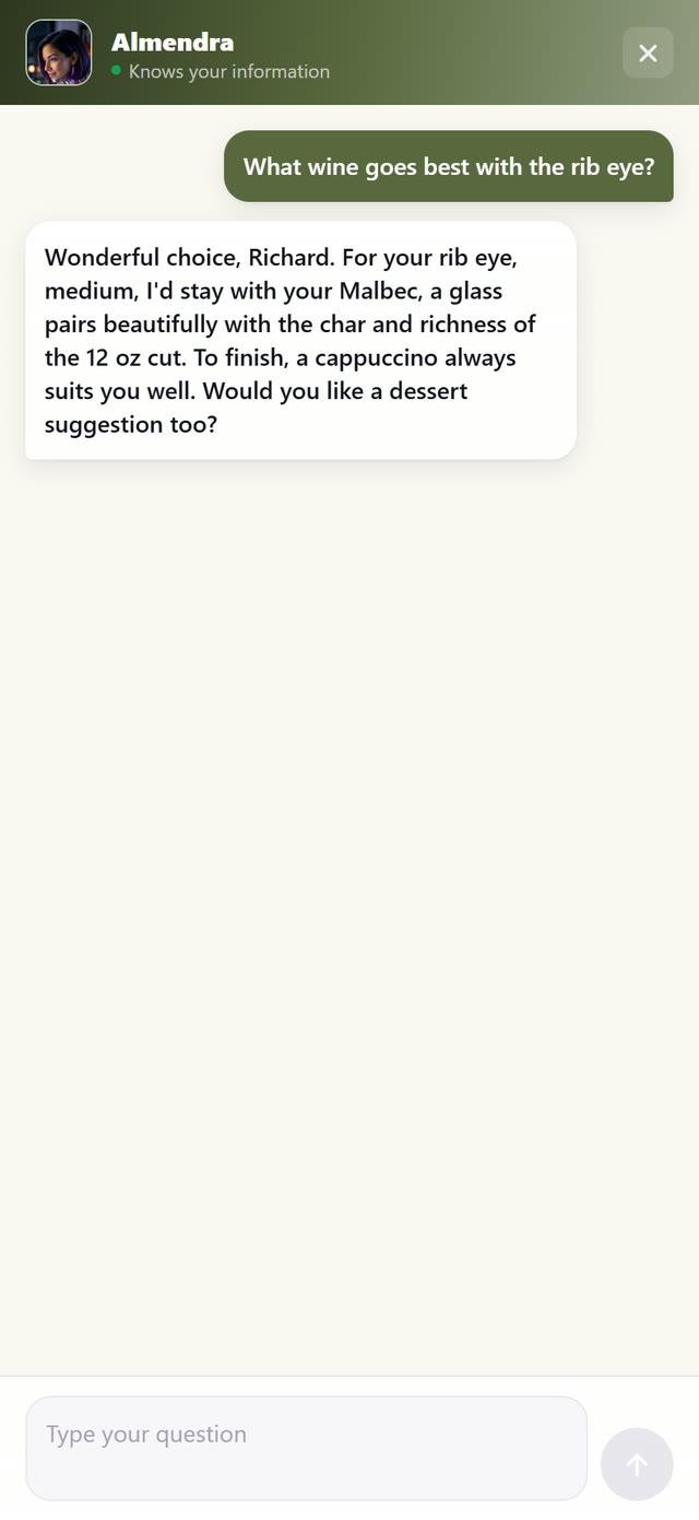 Personalized answers: pairings, allergens and that guest’s data.