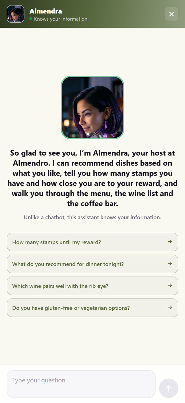 Almendra, your host: she knows your menu and each guest’s taste.