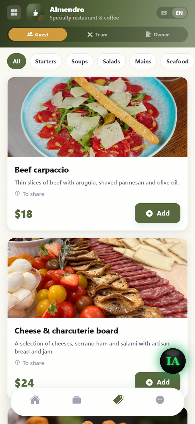 The menu, with reservations, ordering and the loyalty card.