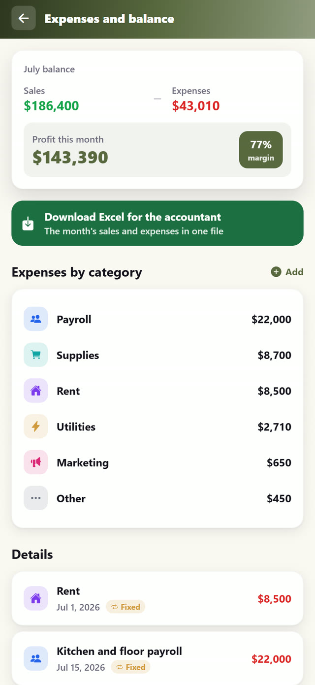 Expenses, monthly profit and a spreadsheet ready for your accountant.
