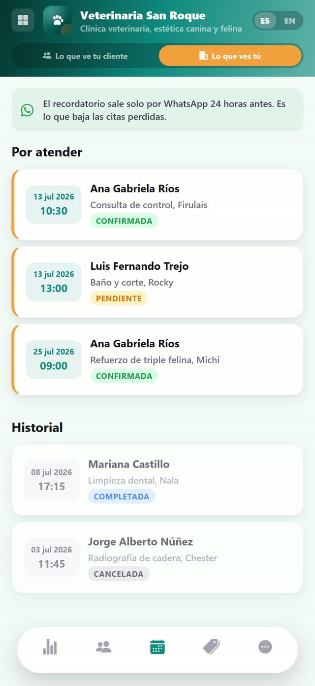 Citas por atender, con recordatorio automático por WhatsApp.