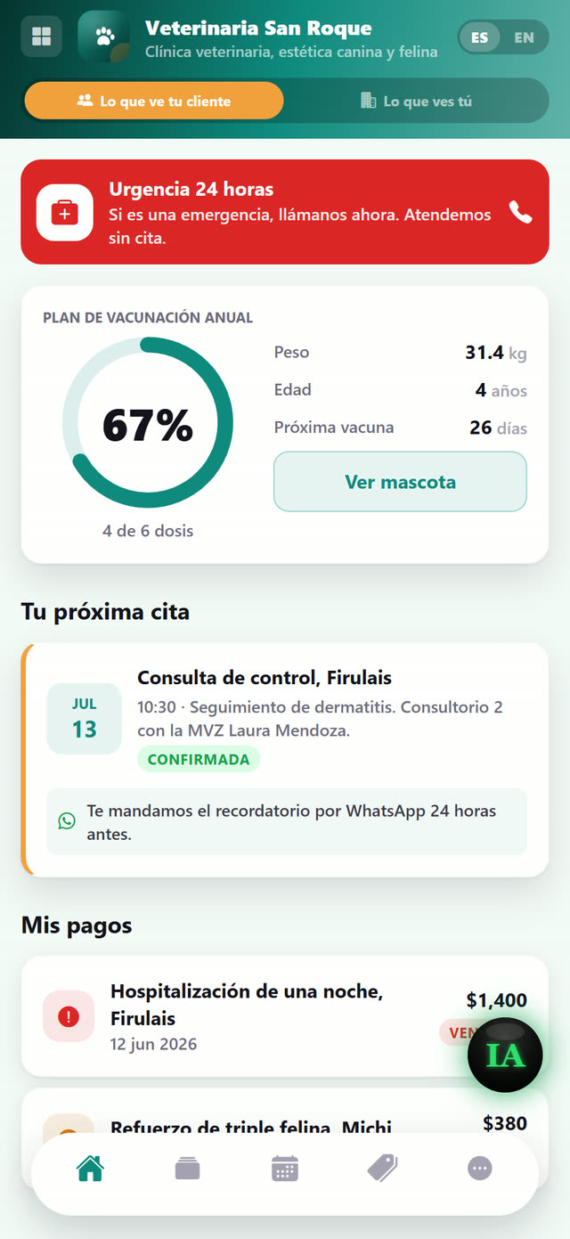 El paciente ve su plan, su próxima cita, sus pagos y urgencias 24 h.