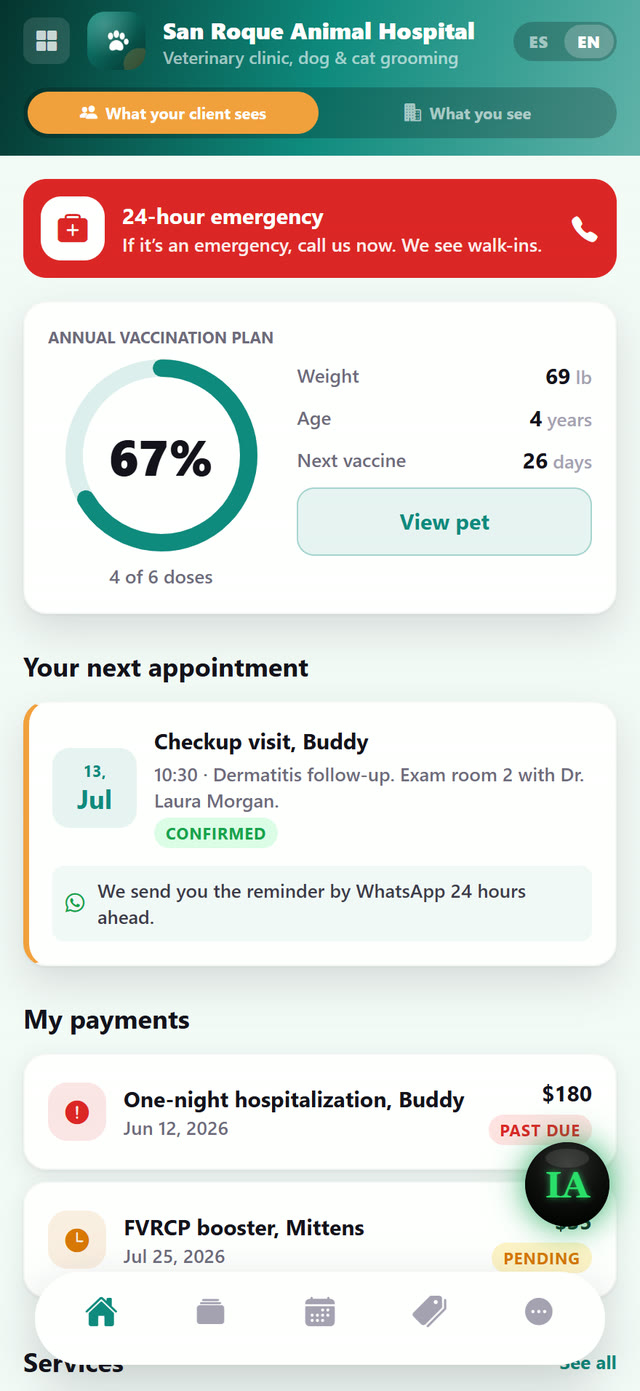 The patient sees their plan, next appointment, payments and 24/7 emergencies.