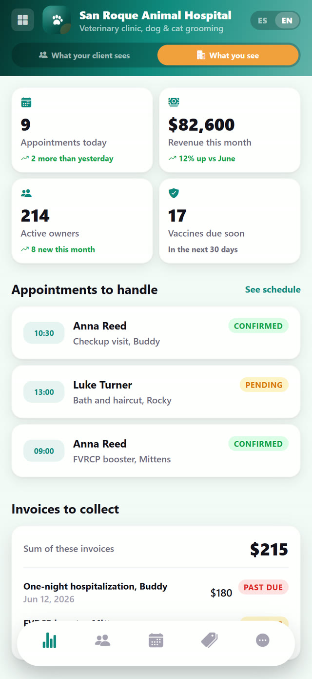 Today’s appointments, monthly revenue, active patients and upcoming follow-ups.