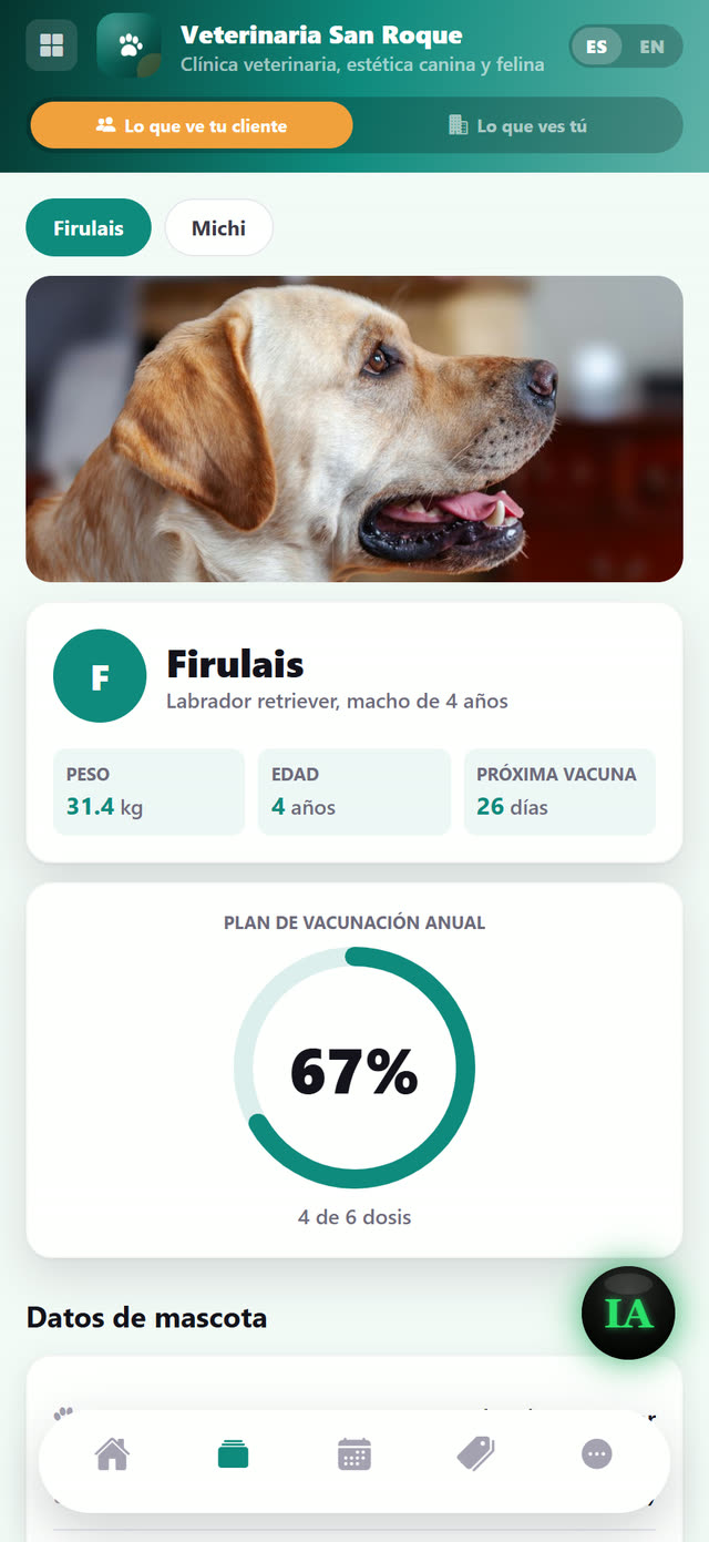El expediente completo: vacunas, peso, alergias e historial.